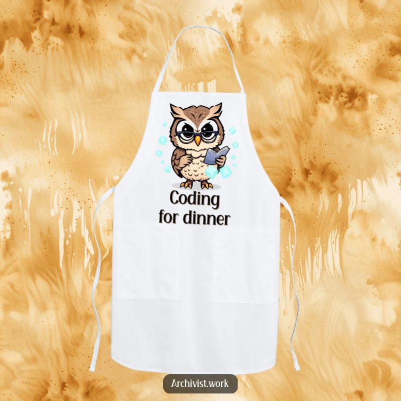 Funny apron featuring a busy anthropomorphic owl archivist with spectacles, organizing glowing data crystals, ready for kitchen tasks.