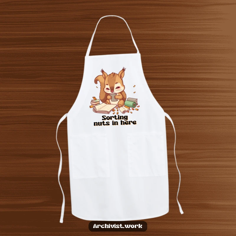 Funny apron featuring a cute anthropomorphic squirrel archivist meticulously sorting tiny colorful scrolls, ready for kitchen adventures.