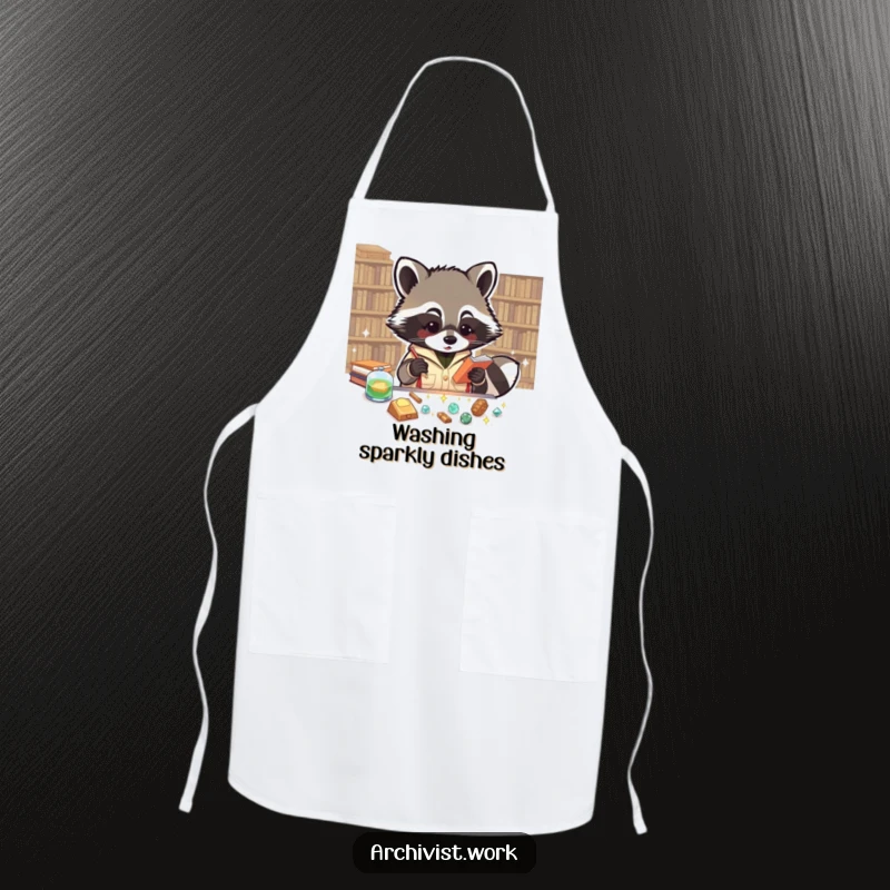 Funny apron depicting an enthusiastic anthropomorphic raccoon archivist cataloging tiny, sparkling artifacts, ready for kitchen discoveries.