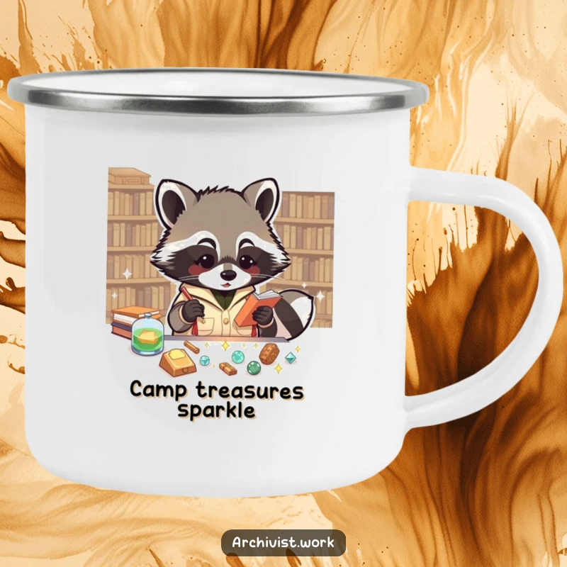 Funny camping mug with an enthusiastic anthropomorphic raccoon archivist cataloging tiny, sparkling artifacts, built for outdoor discoveries.