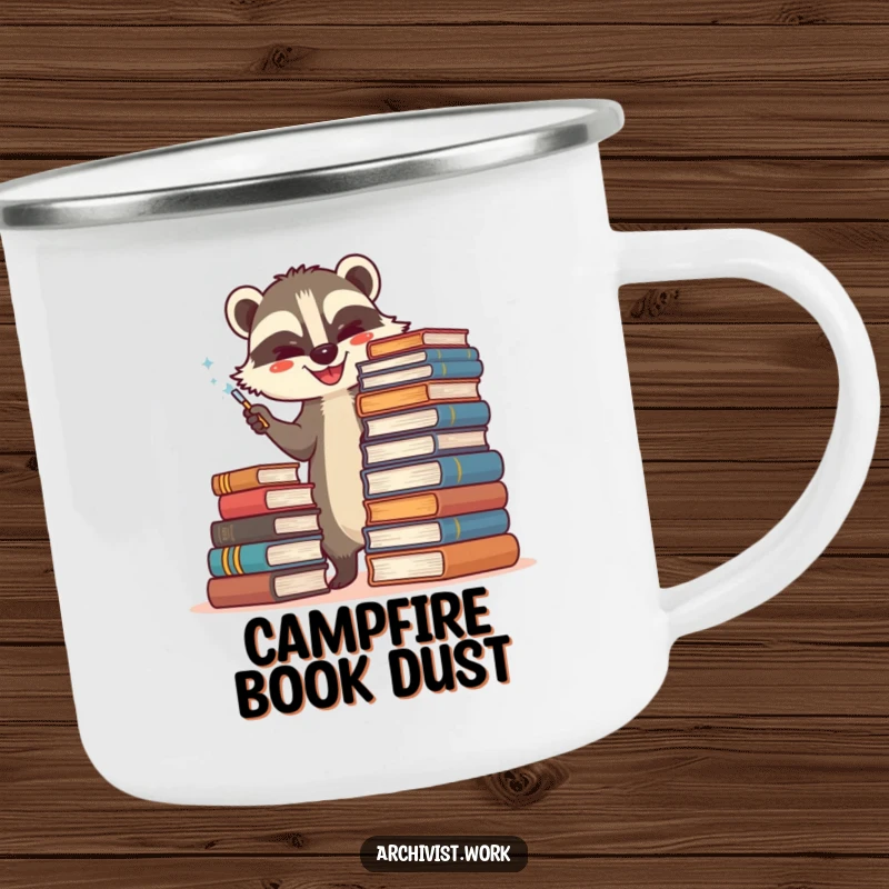 Funny camping mug with a happy anthropomorphic badger archivist carefully dusting a towering stack of old books, ready for adventures.