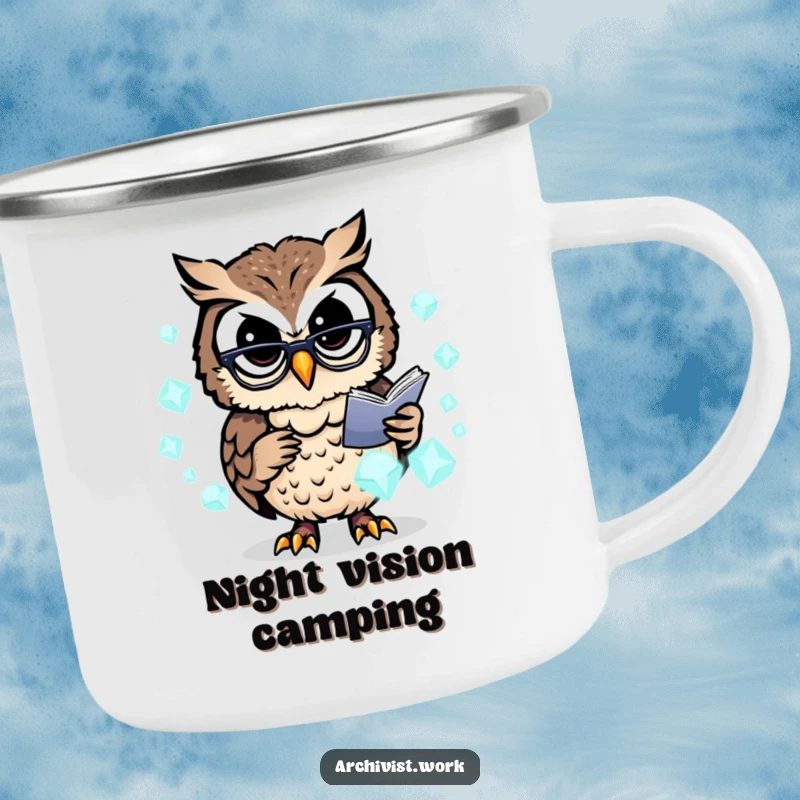 Funny camping mug with a busy anthropomorphic owl archivist wearing spectacles, organizing glowing data crystals, built for adventure.