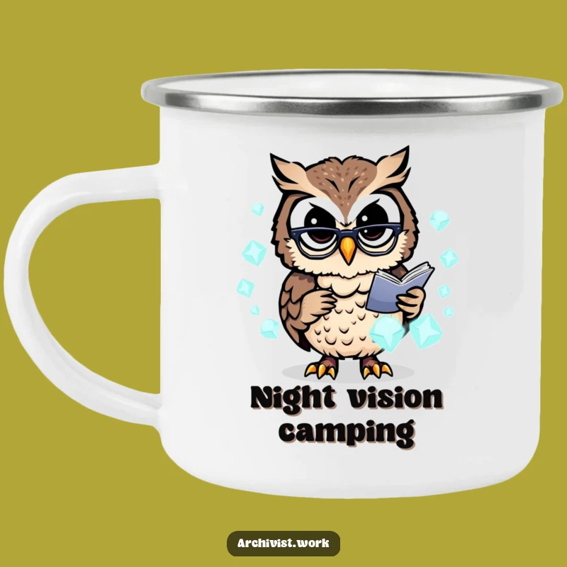 Funny Owl Archivist Camping Mug: Glowing Data, Rugged & Hilarious Tech Gift