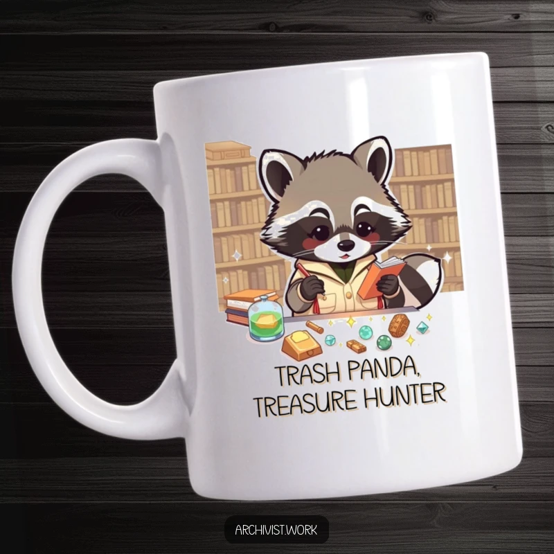 Funny mug with an enthusiastic anthropomorphic raccoon archivist cataloging tiny, sparkling artifacts with glee.
