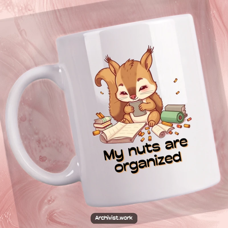 Funny mug with a cute anthropomorphic squirrel archivist meticulously sorting tiny colorful scrolls, showcasing dedication and charm.