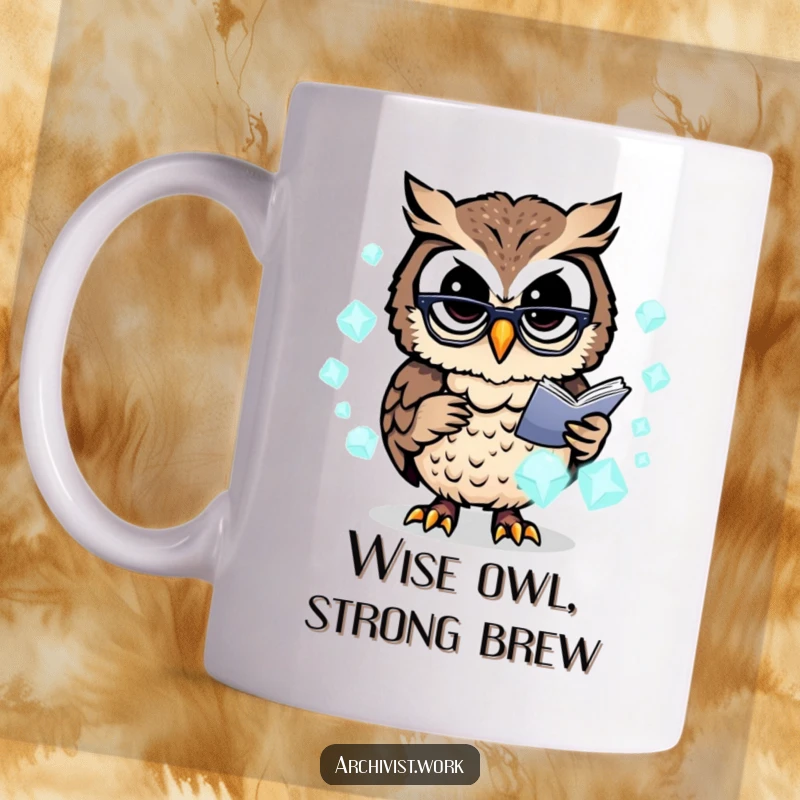 Funny mug with a busy anthropomorphic owl archivist wearing spectacles, organizing glowing data crystals with precision.