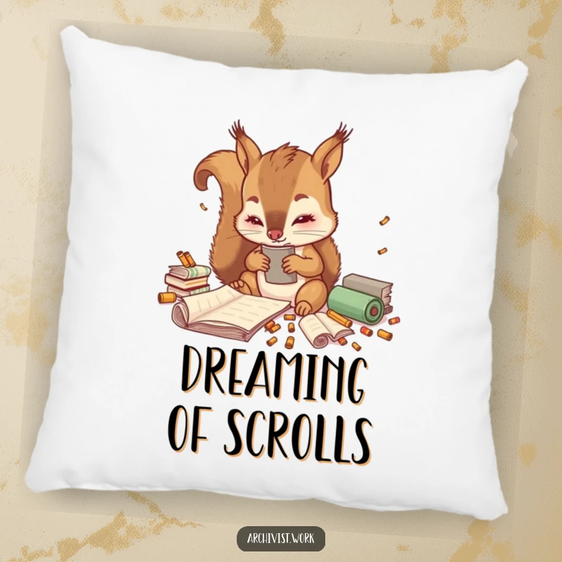 Funny pillow with a cute anthropomorphic squirrel archivist meticulously sorting tiny colorful scrolls, offering comfort and a whimsical touch.