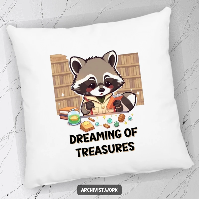 Funny pillow with an enthusiastic anthropomorphic raccoon archivist cataloging tiny, sparkling artifacts, offering comfort and whimsy.