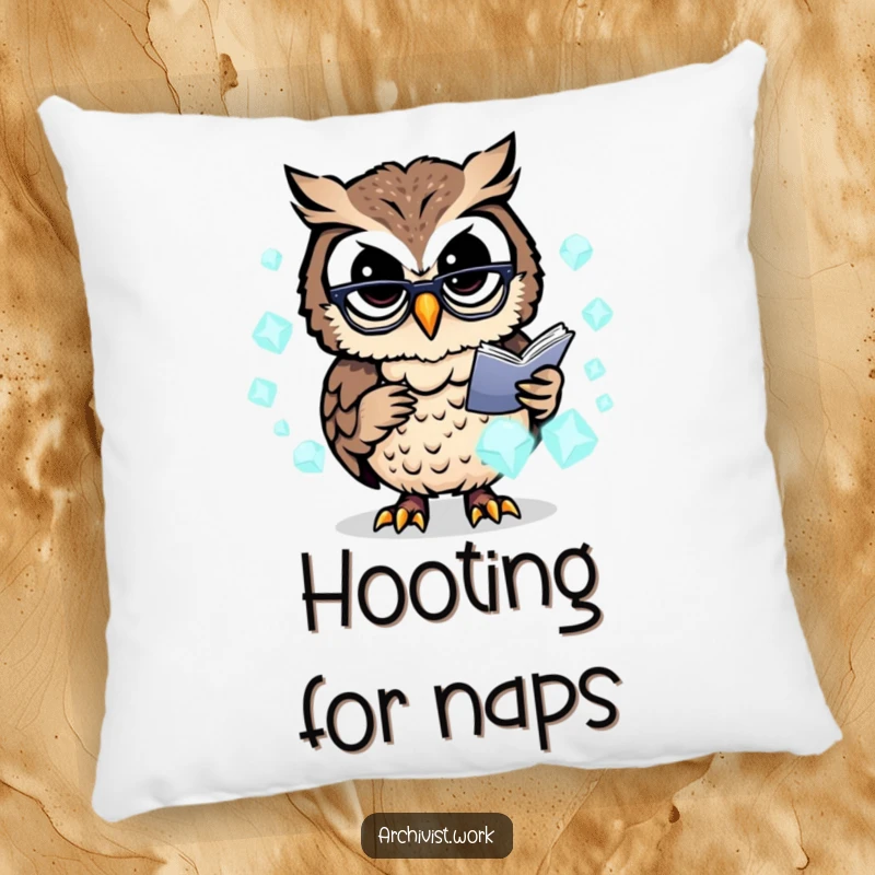 Funny pillow with a busy anthropomorphic owl archivist wearing spectacles, organizing glowing data crystals, offering comfort and style.