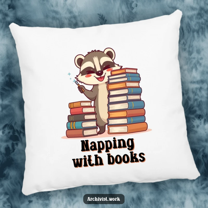 Funny pillow with a happy anthropomorphic badger archivist carefully dusting a towering stack of old books, adding comfort and smiles.