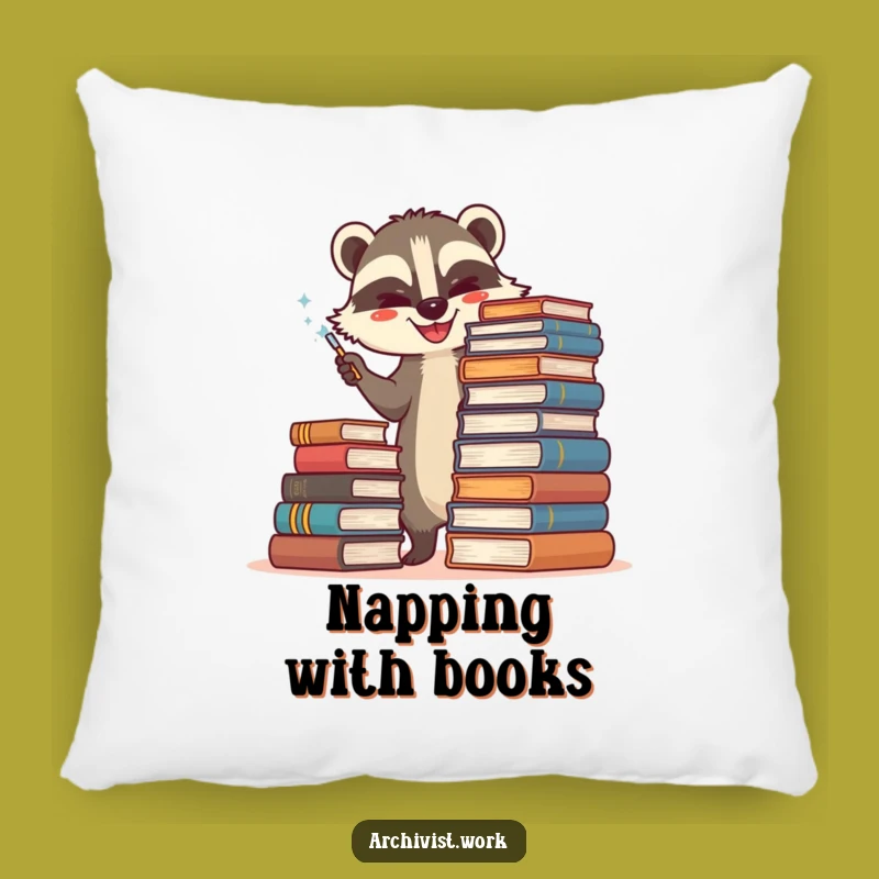 Funny Badger Archivist Pillow: Happy Book Duster Cushion, Cozy & Hilarious Accent