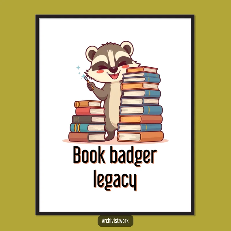 Funny Badger Archivist Digital Print: Happy Book Duster Art, Instant Literary Decor