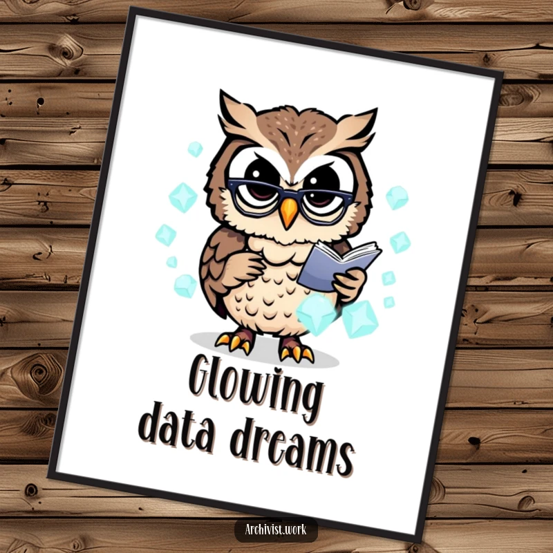Funny digital art print of a busy anthropomorphic owl archivist with spectacles, organizing glowing data crystals, ideal for tech decor.