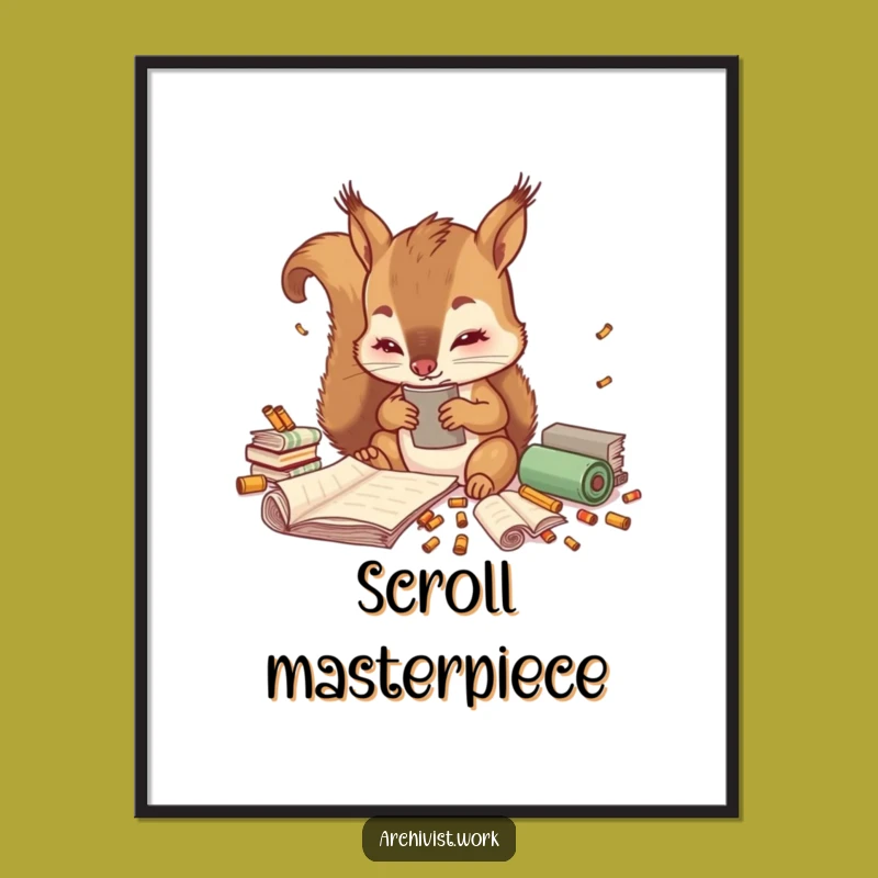 Funny Squirrel Archivist Digital Print: Cute Scroll Sorting Art, Instant Whimsical Decor