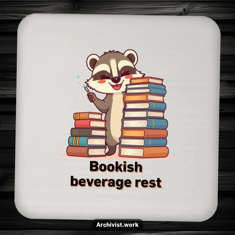 Funny coasters featuring a happy anthropomorphic badger archivist carefully dusting a towering stack of old books, protecting surfaces with glee.