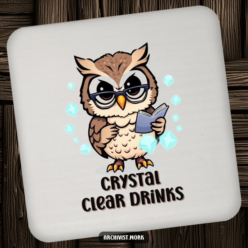 Funny coasters featuring a busy anthropomorphic owl archivist with spectacles, organizing glowing data crystals, adding a wise touch.