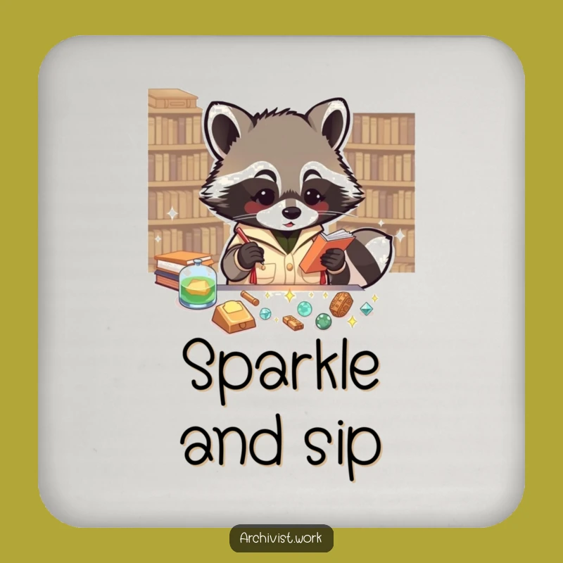 Funny Raccoon Archivist Coaster Set: Sparkly Artifact Protection, Hilarious Table Decor