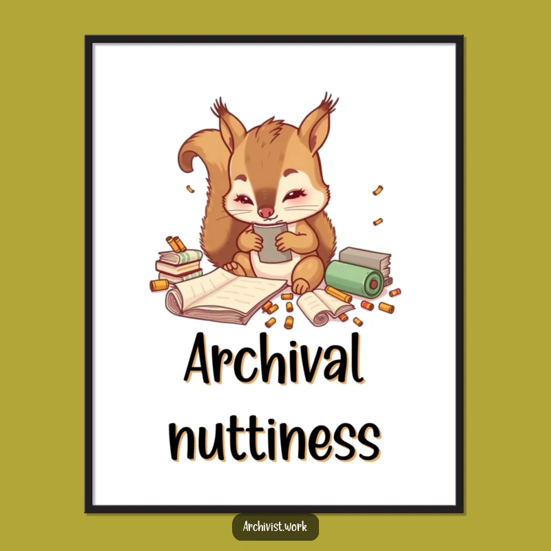 Funny Squirrel Archivist Poster: Cute Scroll Sorting Art, Whimsical Wall Decor Gift