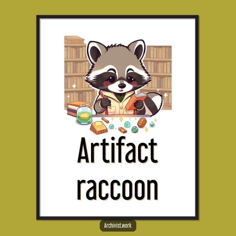 Funny Raccoon Archivist Poster: Sparkly Artifact Art, Whimsical Wall Decor Gift
