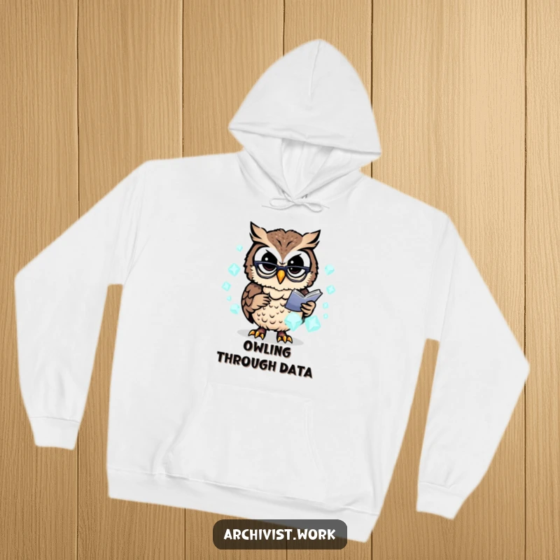 Funny hoodie displaying a busy anthropomorphic owl archivist with spectacles, organizing luminous data crystals with focus.