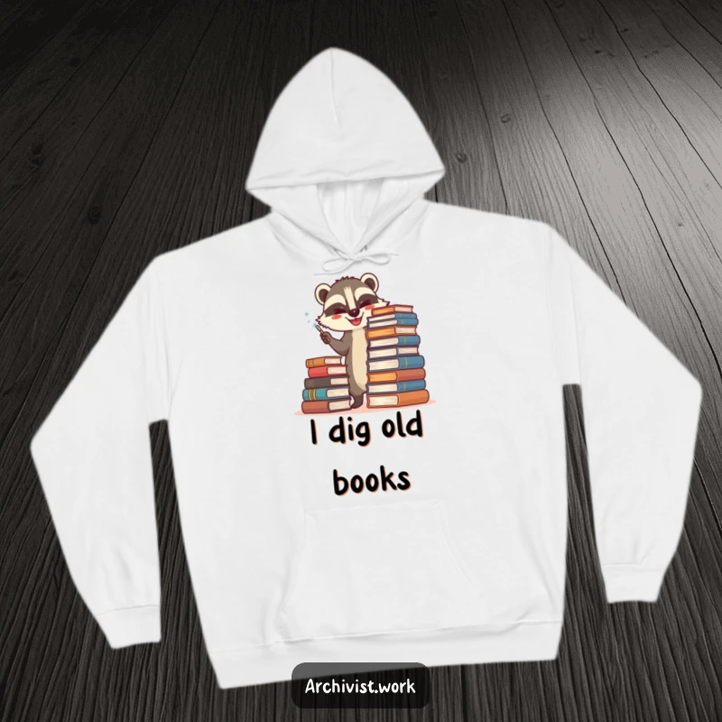 Funny hoodie showing a happy anthropomorphic badger archivist carefully dusting a huge stack of old books, radiating warmth.