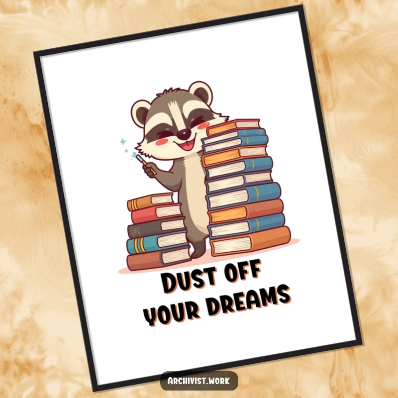 Funny Free Printable Wall Art: A happy badger archivist tenderly dusting a massive stack of old books, a cozy scene.