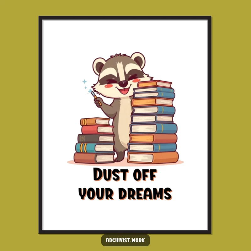 Free Printable Wall Art: Happy Badger Archivist Dusting Books Funny Downloadable Decor