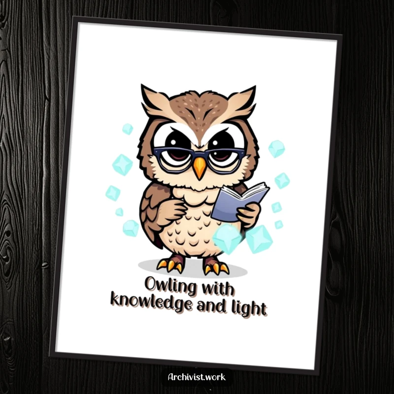 Funny Free Printable Wall Art: An owl archivist wearing spectacles organizes glowing data crystals, a humorous take on modern archiving.
