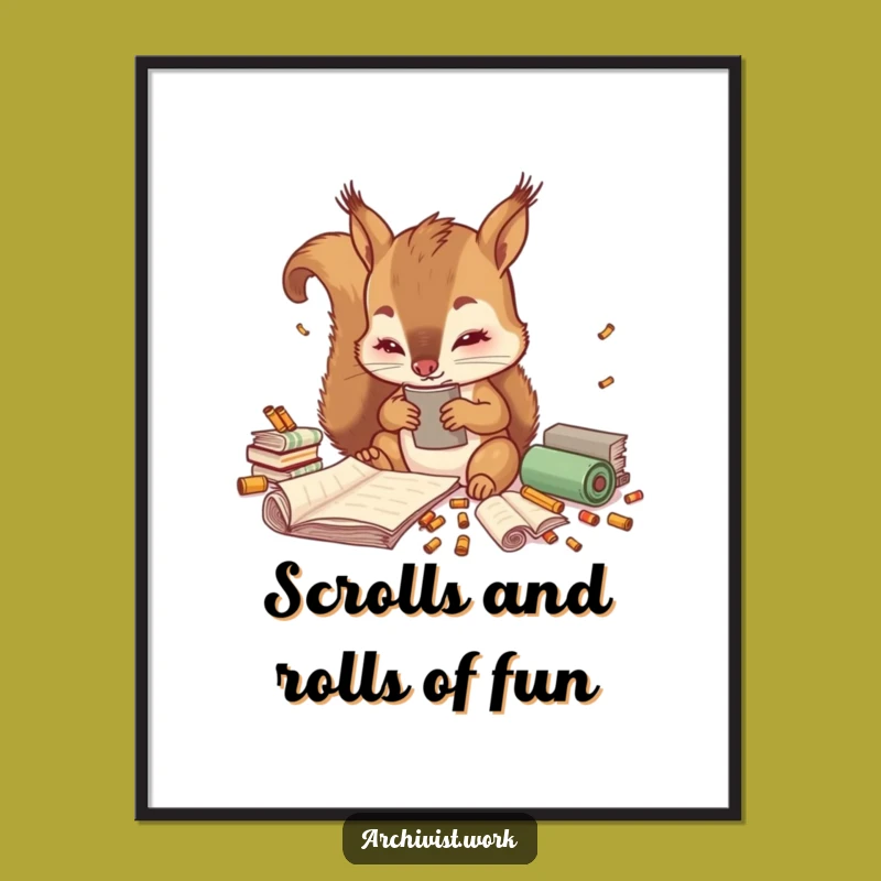 Free Printable Wall Art: Cute Squirrel Archivist Sorting Scrolls Funny Downloadable Decor