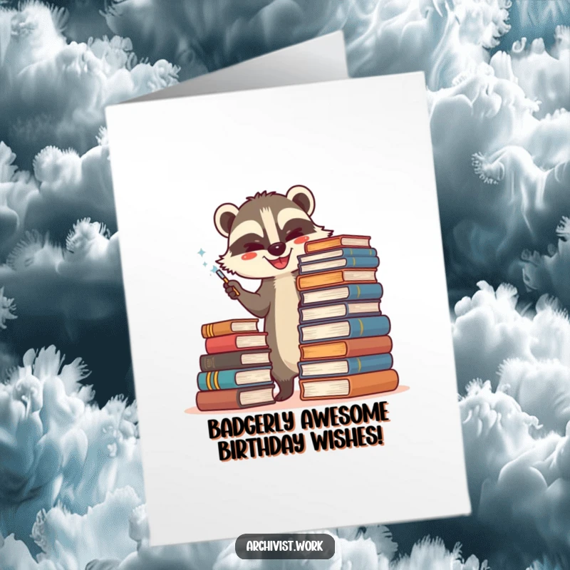 Funny Free Printable Birthday Card: A happy badger archivist with glasses carefully dusting a huge stack of old books.