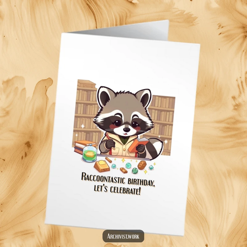 Funny Free Printable Birthday Card: Enthusiastic raccoon archivist carefully cataloging tiny, sparkling artifacts with glee.