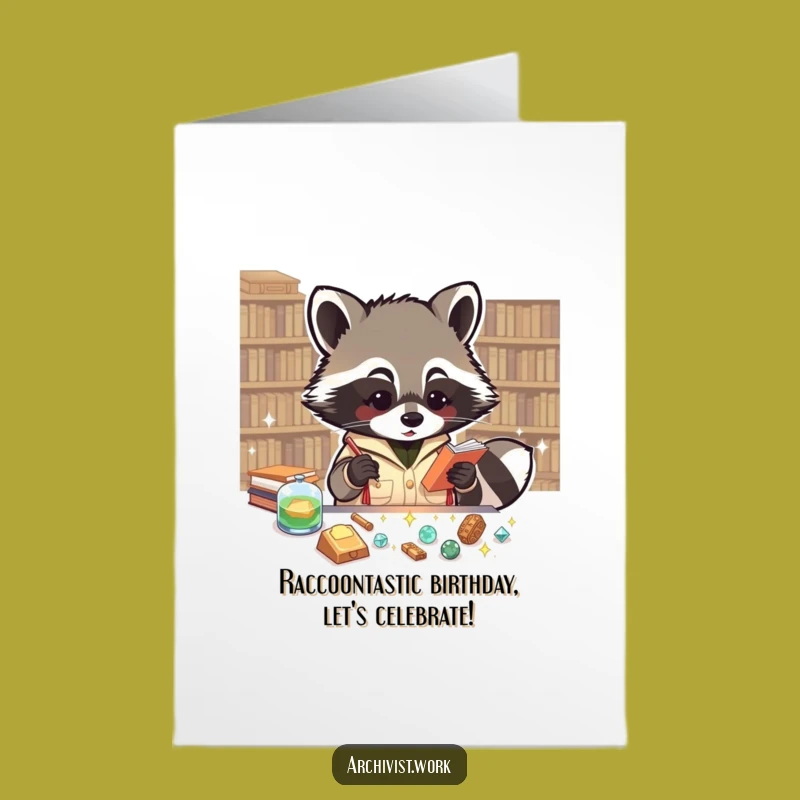 Free Printable Birthday Card: Raccoon Archivist Sparkles Funny Downloadable Gift