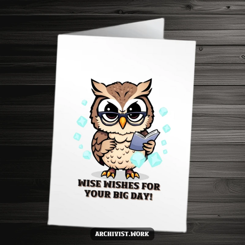 Funny Free Printable Birthday Card: Busy owl archivist wearing spectacles, organizing glowing data crystals with wisdom.
