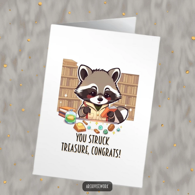 Free Printable Congratulations Card: An enthusiastic raccoon archivist gleefully catalogs tiny sparkling artifacts, celebrating a found success.