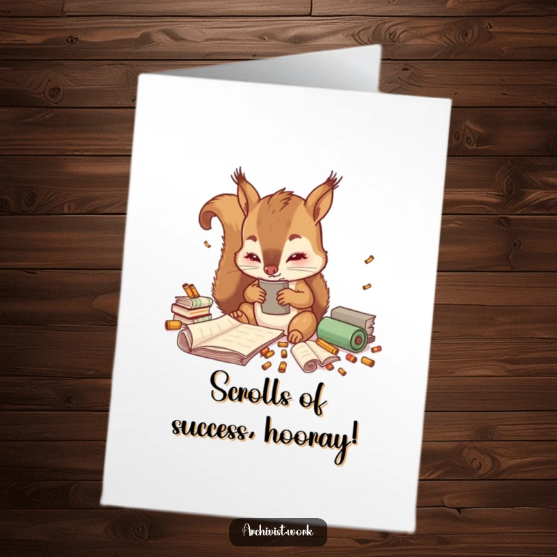 Free Printable Congratulations Card: Adorable squirrel archivist joyfully sorts tiny colorful scrolls for a special achievement.