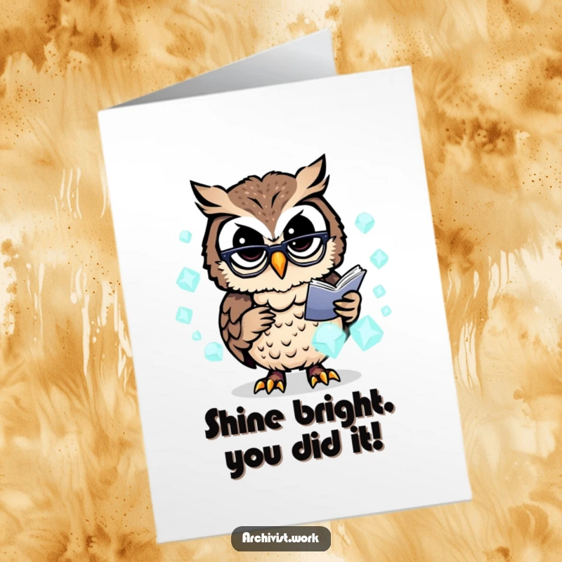 Free Printable Congratulations Card: An owl archivist in spectacles diligently organizes bright data crystals, signifying a job well done.