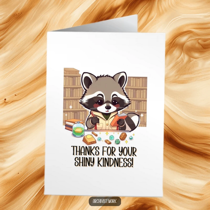 Funny Free Printable Thank You Card: An enthusiastic raccoon archivist cataloging tiny sparkling artifacts, a shiny way to say thank you.