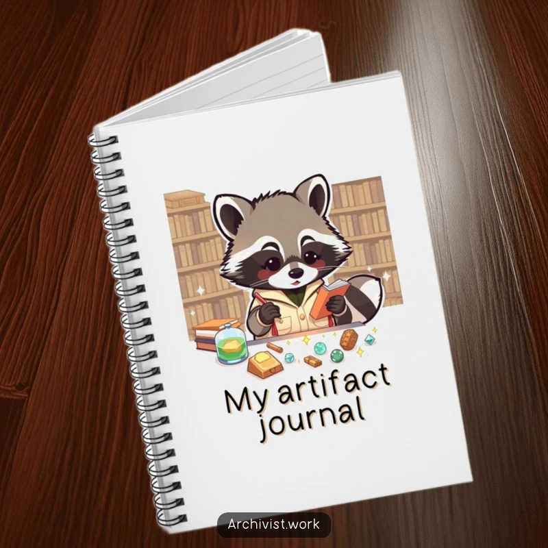 Funny notebook with an enthusiastic anthropomorphic raccoon archivist cataloging tiny, sparkling artifacts, inspiring organized note-taking.
