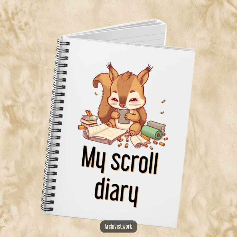 Funny notebook with a cute anthropomorphic squirrel archivist meticulously sorting tiny colorful scrolls, inspiring organized note-taking.