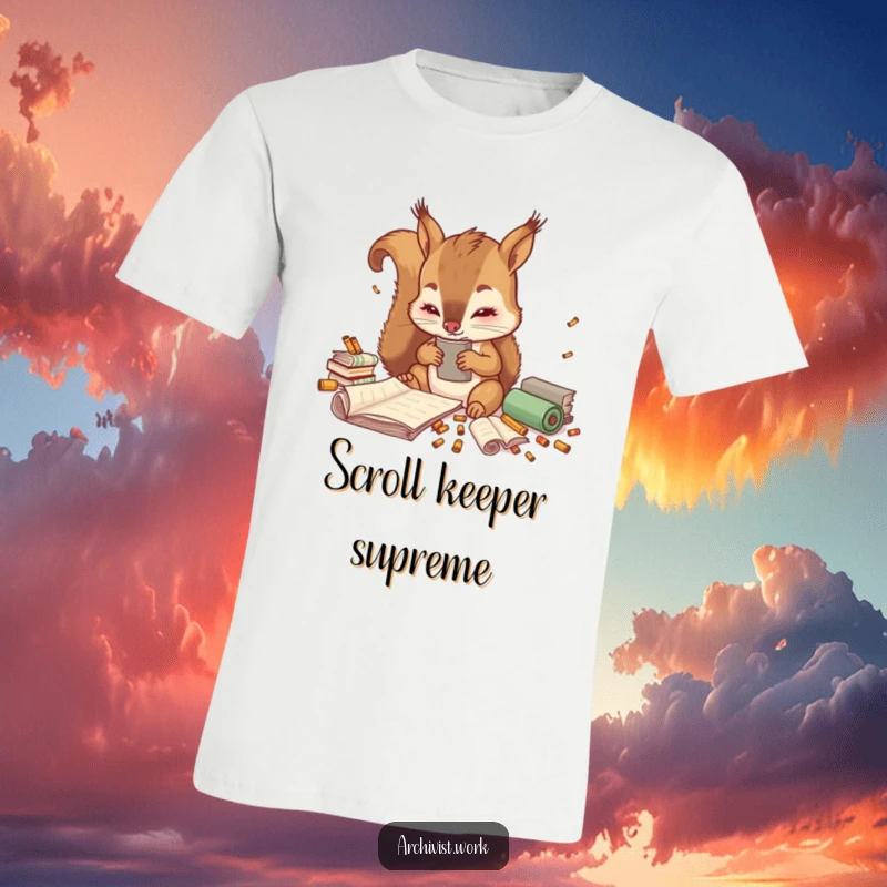 Funny t-shirt featuring a cute anthropomorphic squirrel archivist, busy sorting tiny colorful scrolls with a focused, adorable expression.