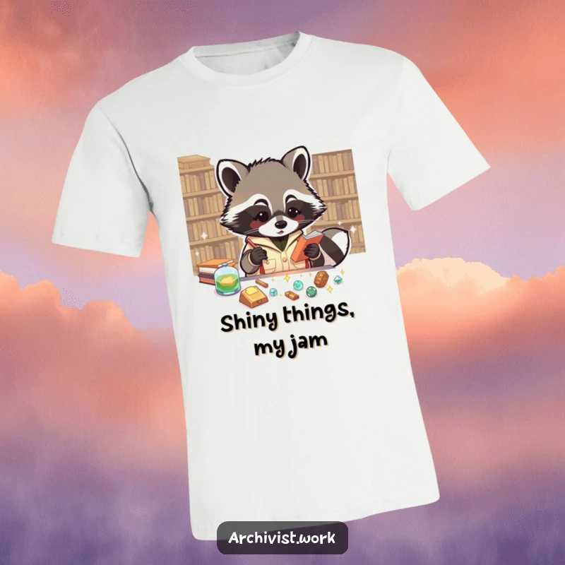 Funny t-shirt depicting an enthusiastic anthropomorphic raccoon archivist meticulously cataloging tiny, sparkling artifacts with delight.