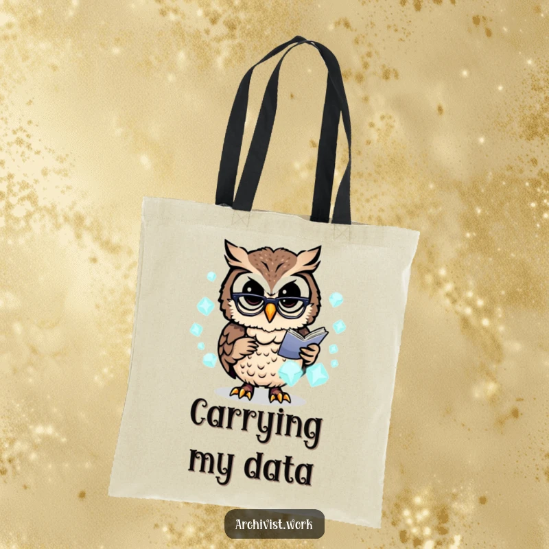 Funny tote bag with a busy anthropomorphic owl archivist wearing spectacles, organizing glowing data crystals, great for carrying tech gear.