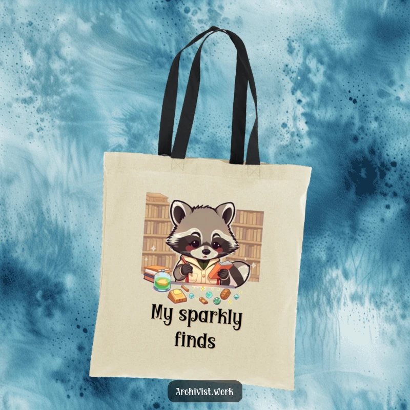 Funny tote bag with an enthusiastic anthropomorphic raccoon archivist cataloging tiny, sparkling artifacts, perfect for carrying found treasures.
